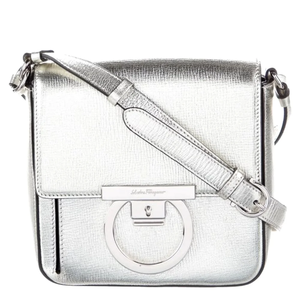 Salvatore Ferragamo Metallic Silver Leather Shoulder Grancini Flap Mini …